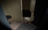 Toilet and sofa in a dimly lit room.